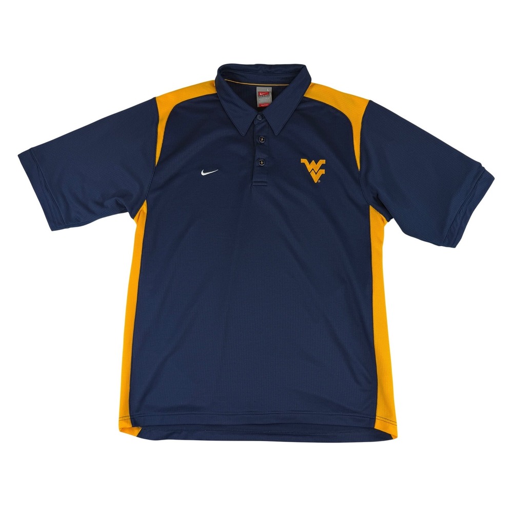 Nike Polo Shirt Mens Large Blue Yellow West Virginia Mountaineers WVU Fit Dry